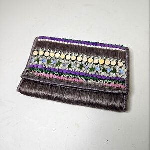 Megan Park Beaded Clutch Straw Lavender Plum Suede Interior 8.5×6.5"